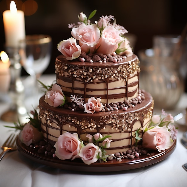 Un délicieux gâteau au chocolat avec des fleurs.