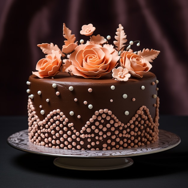 Un délicieux gâteau au chocolat avec des fleurs.