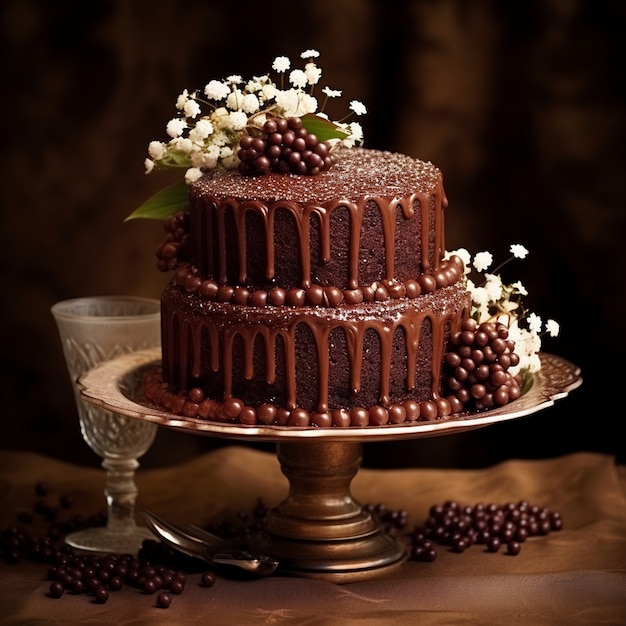 Photo gratuite un délicieux gâteau au chocolat avec des fleurs.