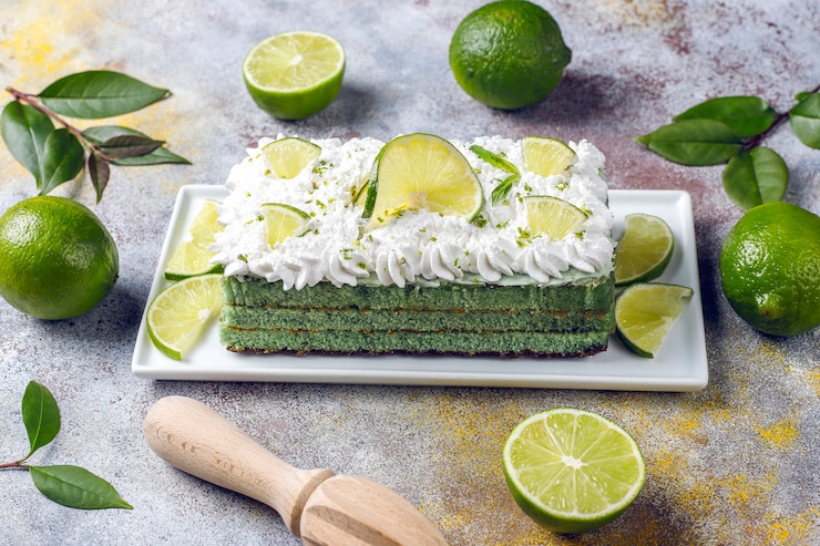 Photo gratuit délicieux gâteau au citron vert avec des tranches de citron vert frais et des limes.