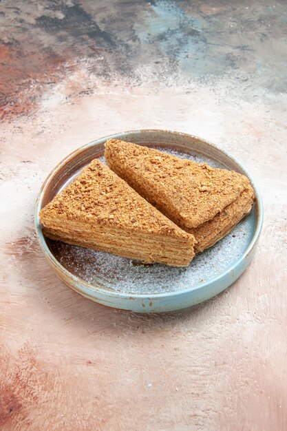 Délicieux gâteau au miel à l'intérieur du plateau sur fond gris