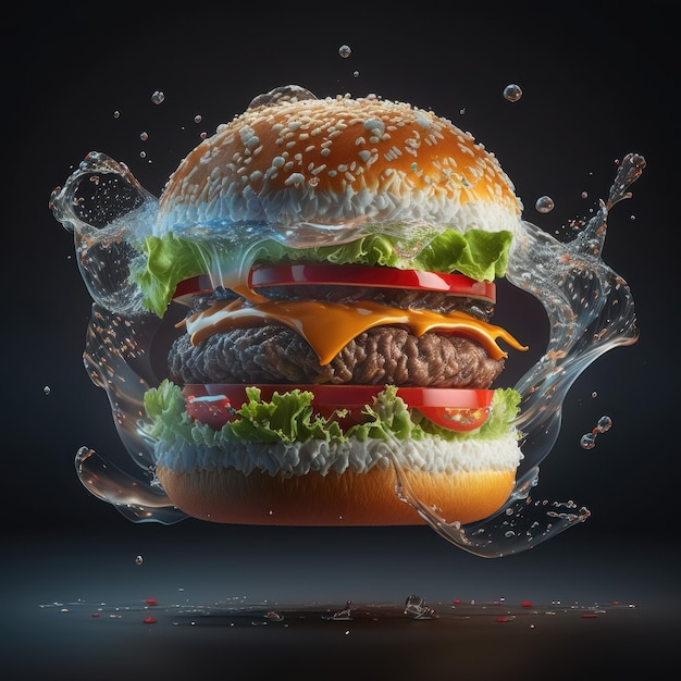 Délicieux hamburger avec ingrédients volants et sauce splash sur fond sombre