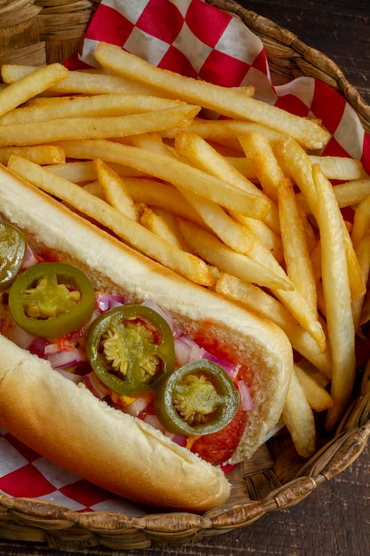 Délicieux hot-dog et frites à angle élevé