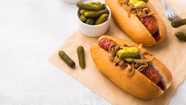 De délicieux hot-dogs à angle élevé avec des cornichons