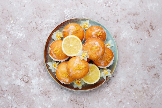 Délicieux muffins au citron fraîchement cuits au four avec des citrons sur une plaque sur la table