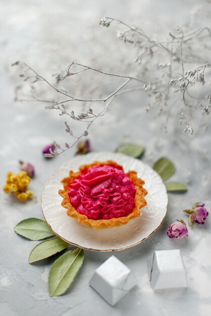 Délicieux petit gâteau à la crème rose et chocolats sur un bureau léger, gâteau thé à la crème douce