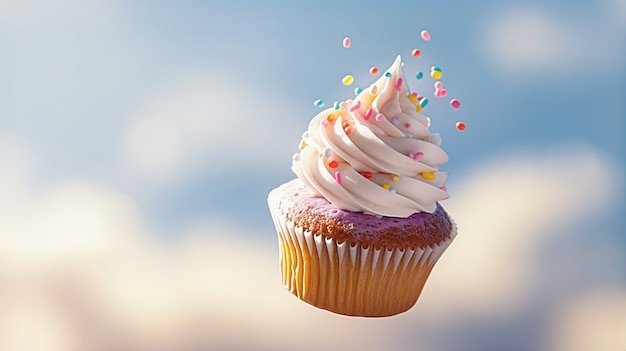 Délicieux petit gâteau avec des pépites flottant dans l'air