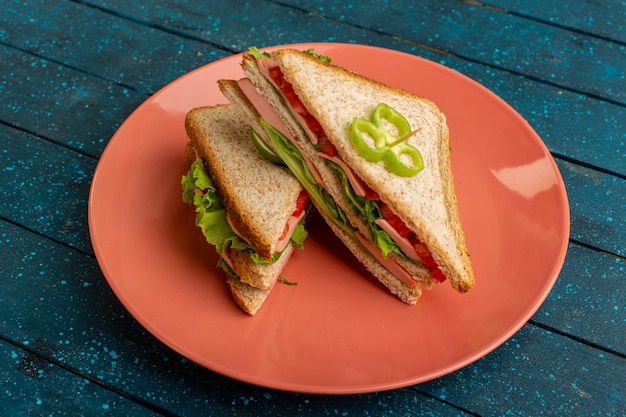 Délicieux sandwichs avec jambon salade verte et tomates à l'intérieur de la plaque de pêche sur bleu