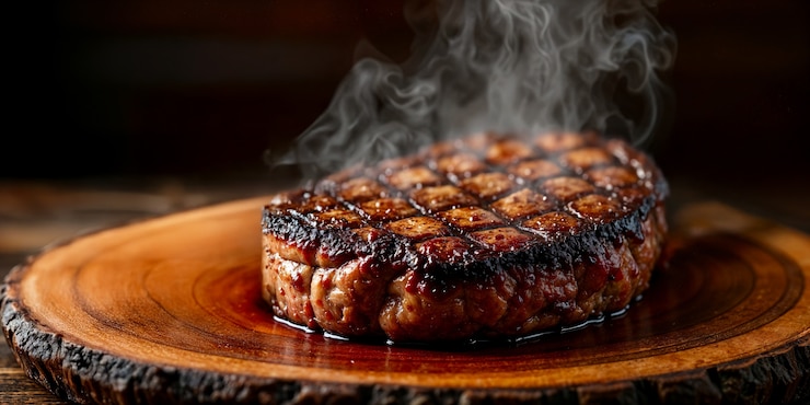 Photo gratuit un délicieux steak grillé sur une assiette en bois.