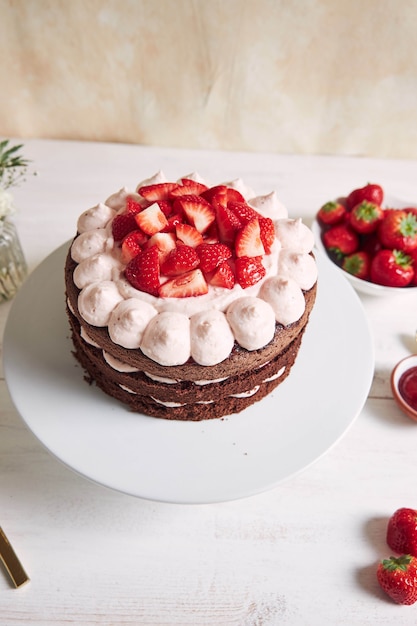 Délicieux et sucré gâteau aux fraises et basier sur une assiette