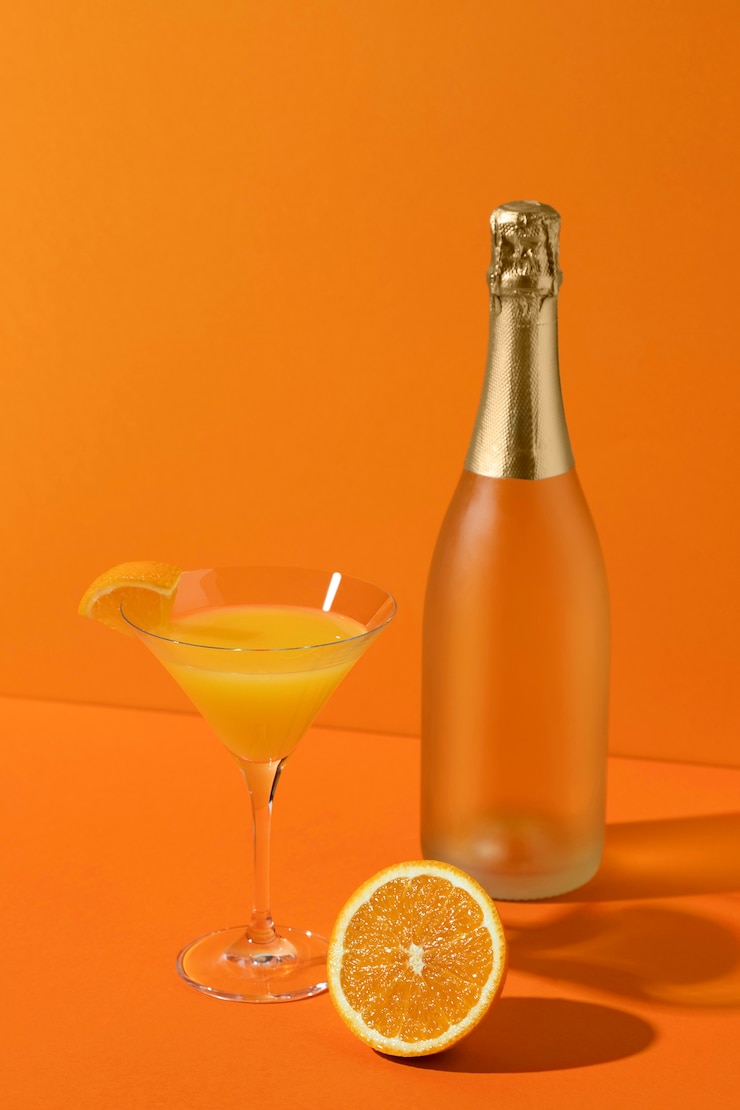 Photo gratuit délicieux verre mimosa avec tranche d'orange