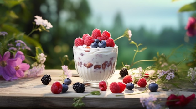 Photo gratuite délicieux yaourt aux baies forestières sur une table antique