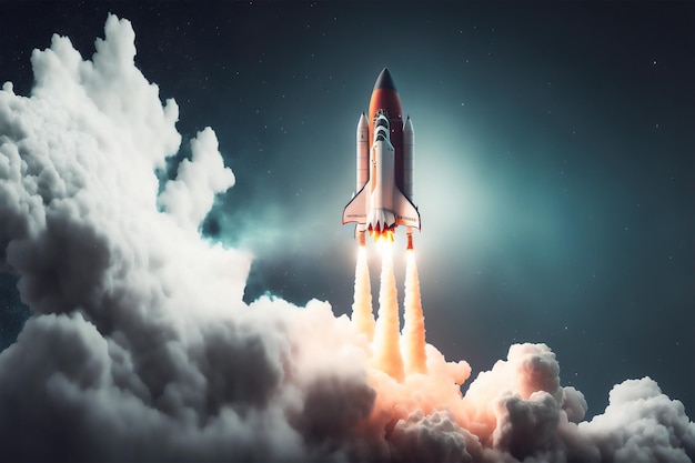 Photo gratuite démarrage du lancement d'une fusée avec des flammes de feu et de la fumée de nuage sur fond de ciel étoilé navette d'avion décollant dans les profondeurs de l'espace voyage de vaisseau spatial dans l'atmosphère