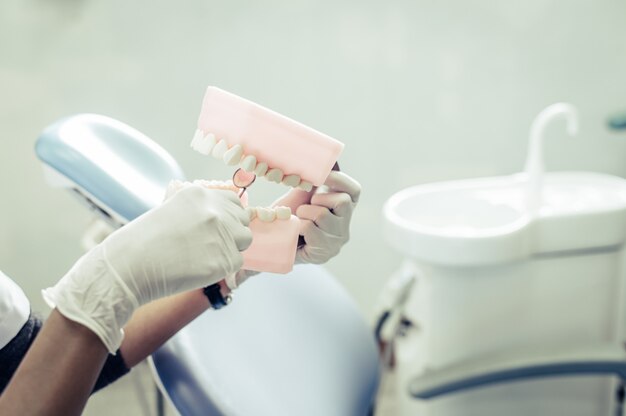 Le dentiste explique comment se brosser les dents correctement.