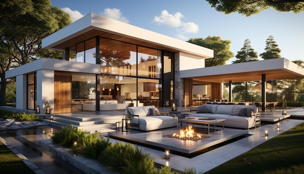 Photo gratuite design architectural moderne avec une table d'herbe extérieure de luxe et une piscine générée par l'intelligence artificielle