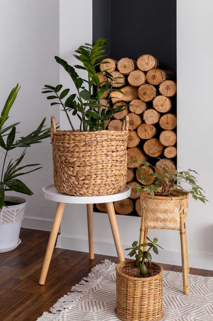 Photo gratuit design d'intérieur avec des bûches et des plantes vertes