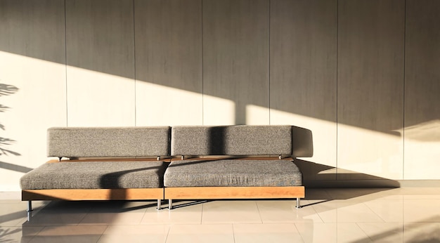 Photo gratuite design d'intérieur moderne du salon avec un canapé moelleux et l'arrière-plan d'un mur en bois minim