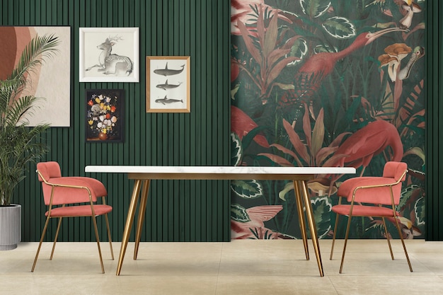 Design d'intérieur de salle à manger tropicale authentique avec mur de galerie