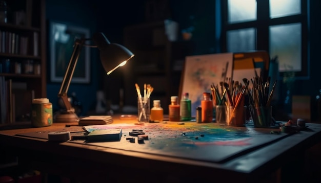 Le désordre coloré de l'artiste sur le bureau inspire la créativité générée par l'IA