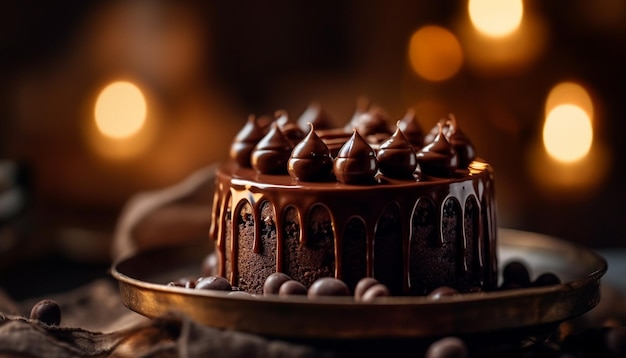 Dessert au chocolat gourmand avec une flamme de bougie allumée générée par l'IA