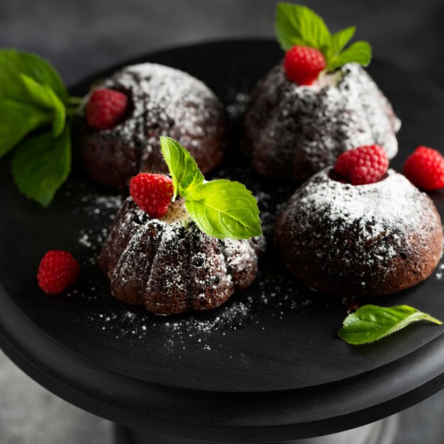 Dessert au chocolat gros plan avec du sucre en poudre