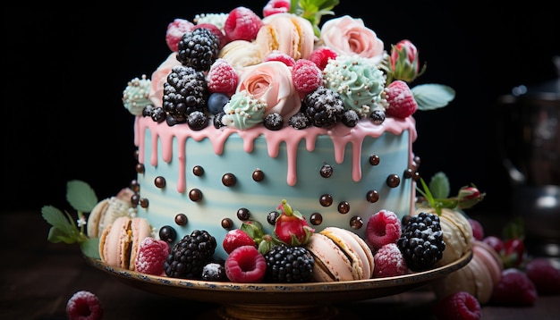 Photo gratuite dessert gastronomique au chocolat avec décoration de framboise et de fraise, célébration de l'indulgence générée par l'intelligence artificielle