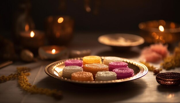 Dessert gourmand sucré sur une assiette multicolore générée par l'IA