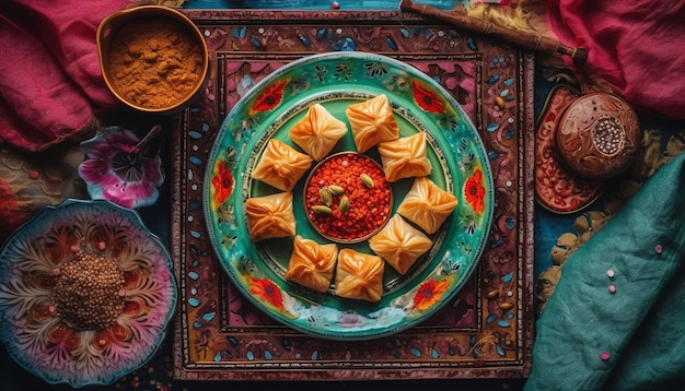 Dessert indien fait maison sur une assiette à motifs ornée générée par l'IA