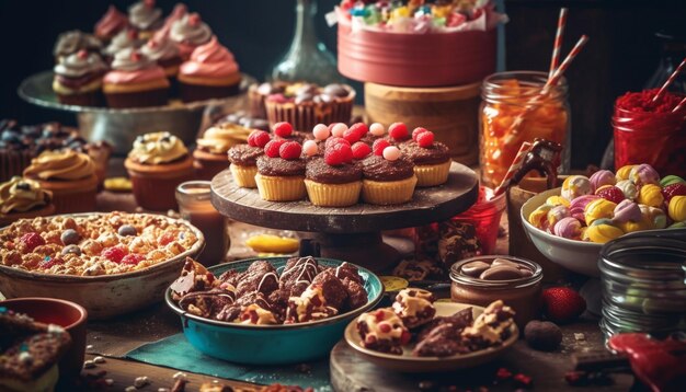 Desserts sur table en bois rustique générés par AI