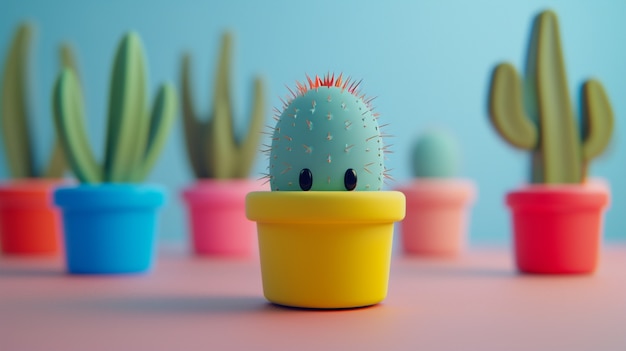 Photo gratuite un dessin animé en 3d de cactus avec un visage sympathique