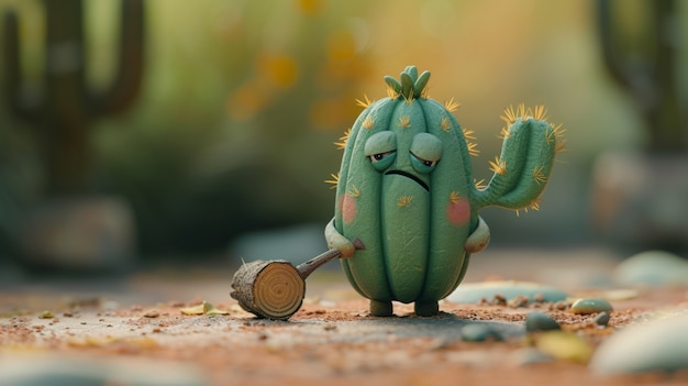 Photo gratuite un dessin animé en 3d de cactus avec un visage sympathique