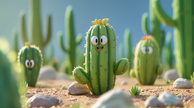 Un dessin animé en 3D de cactus avec un visage sympathique