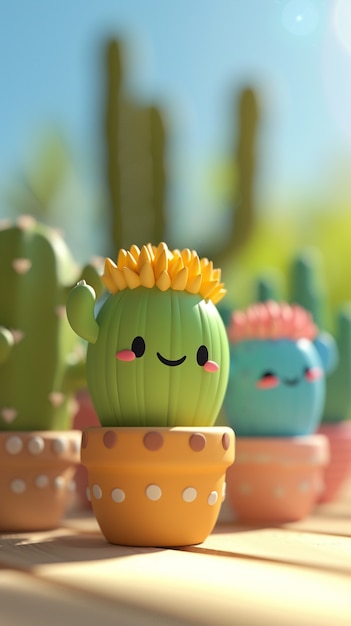 Photo gratuite un dessin animé en 3d de cactus avec un visage sympathique