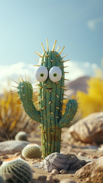 Un dessin animé en 3D de cactus avec un visage sympathique