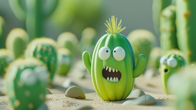 Photo gratuite un dessin animé en 3d de cactus avec un visage sympathique