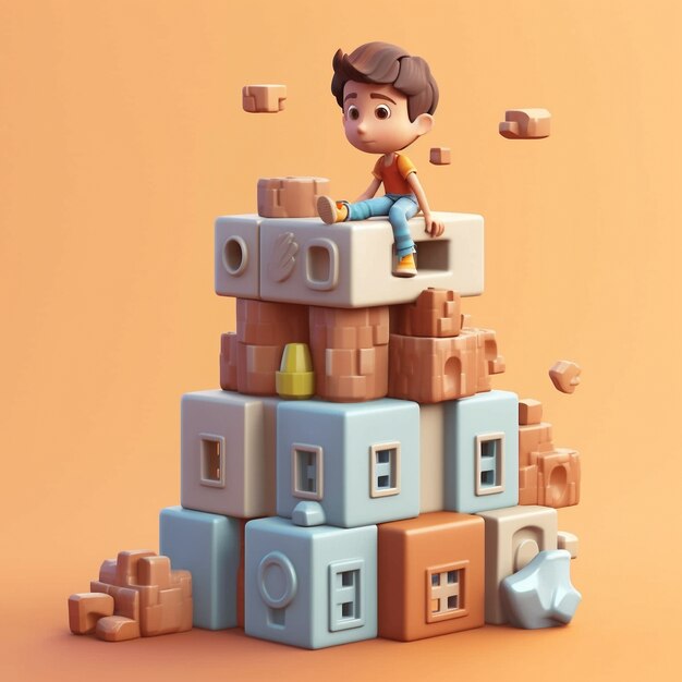 Dessin animé comme un enfant jouant avec des cubes à l'intérieur