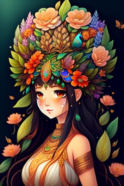 Un dessin animé d'une femme avec une couronne de fleurs sur la tête.