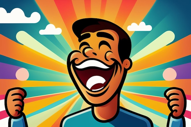Photo gratuite un dessin animé d'un homme avec une chemise bleue qui dit heureux.