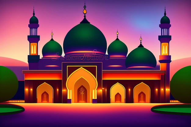 Un dessin animé d'une mosquée avec un dôme vert et un dôme vert.
