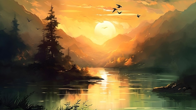 dessin à l'aquarelle du lac au coucher du soleil