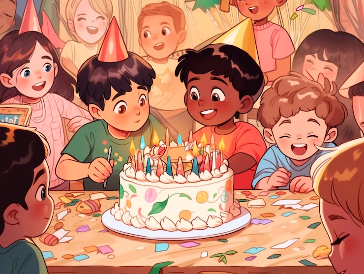 Photo gratuit des dessins animés célébrant une fête d'anniversaire