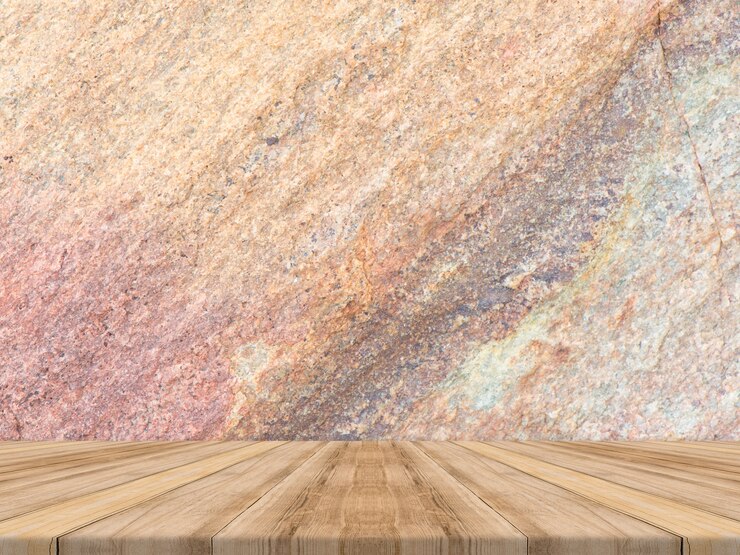 Photo gratuit dessus de table en bois tropical vide avec mur de pierre sombre