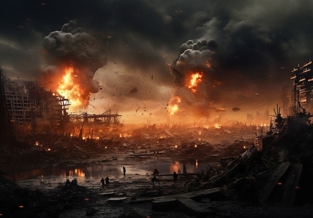 Destruction apocalyptique du paysage de la zone de guerre