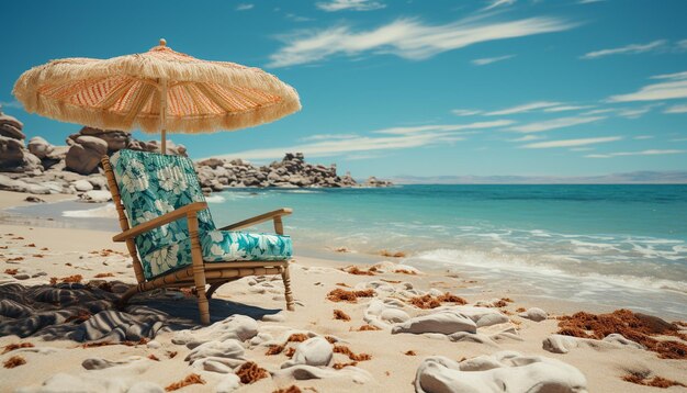 Détente sur une plage de sable aux eaux bleues du littoral tropical générée par l'intelligence artificielle