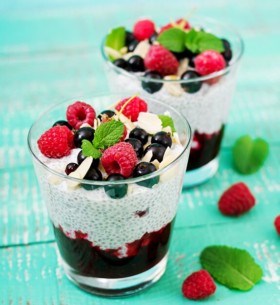 Détox et petit déjeuner superaliments sains dans un bol. Pudding de graines de chia au lait d'amande végétalien avec framboises, mûres et menthe.