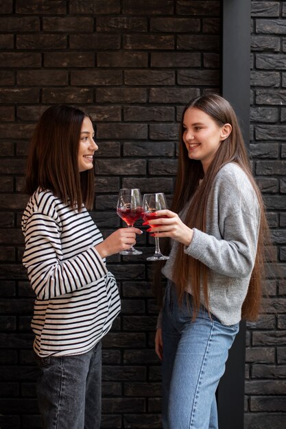 Deux amies acclamant avec un verre de vin