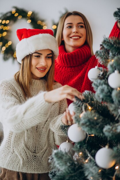 Deux amies de filles près de l'arbre de Noël