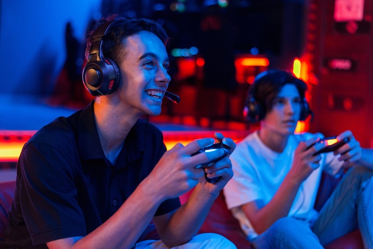 Photo gratuit deux amis adolescents avec des écouteurs jouent à une console de jeu en utilisant des gamepads et en souriant