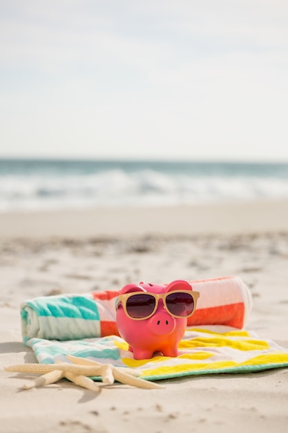 Photo gratuite deux banques étoiles de mer et tirelire avec des lunettes de soleil sur la plage de couverture