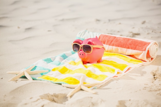 Photo gratuite deux banques étoiles de mer et tirelire avec des lunettes de soleil sur le sable